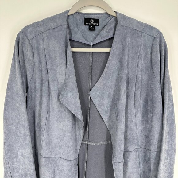 Curations Faux Suede Jacket M Floral Embroidered Open Front Long Boho Gray Blue - Picture 4 of 9